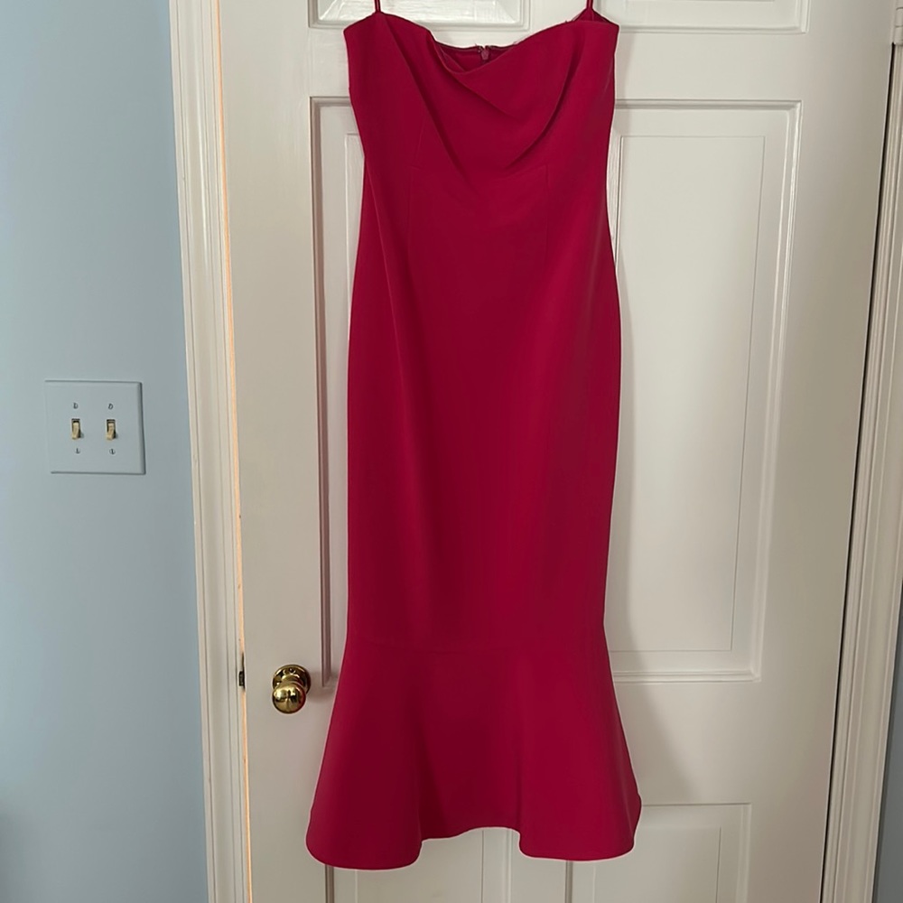 Cinq a Sept hot pink trumpet dress. Barbiecore at its best!